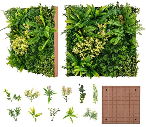 RELAX4LIFE 2 Panneaux Mur Végétal Artificiel 50x50cm,10 Types de Plantes Artificielles Mixtes, Art Mural 3D pour Intérieur Extérieur, Clôture Extensible Décoratif pour Balcon terrasse