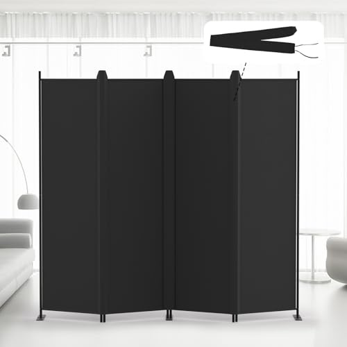 Kokorona Folding Room Divider 4 Panel, Portable Privacy Screen for Home Office, Partiton Wall Room Divider for Room Separation, Included-Cover Strips, Black, W 223.5 x H 180 cm
