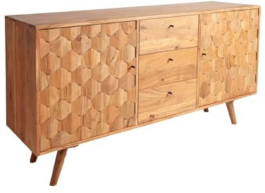 Licht-Erlebnisse Sideboard Holz Akazie mit Schubladen Türen 145 x 75 cm (BxH) 3D-Fronten Retro Holzboard Wohnzimmer Kommode Schlafzimmer