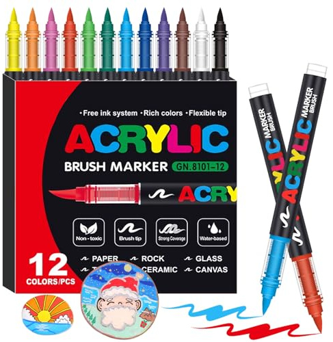 Laconile 12 Colours Accrylic Paint Brush Markers Set -Paint Pens Acrylic Markers for Rock Painting Cermic Glass Stone Metal Fabric, Water-based Acrylic Paint Pens with 1-5MM Flexible Brush Tip