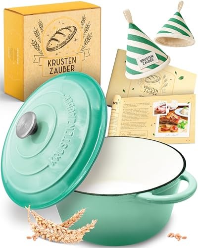 KRUSTENZAUBER Schmortopf mit Deckel oder als Gusseisen Topf zum Brot backen | Emaillierter hochwertiger Kochtopf inkl. Rezepte vielseitig einsetzbar, als backofengeeigneter Bräter, Schmor & Brotbacktopf