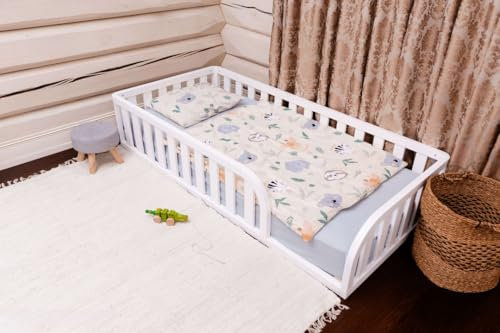 Mandrele - Montessori Bett, Bodenbett mit Lattenrost, Rausfallschutz Bett, Kinderbett, Holzbett mit Bettgestell für Jungen und Mädchen, 200x120cm, Weiß