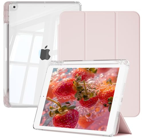 ZOPSGYU Case for iPad 9th Generation 2021, iPad 8th/7th Generation (2020/2019) with Pencil Holder, Slim Shockproof Tablet Cover with Transparent Back Shell, Auto Sleep/Wake, Pink