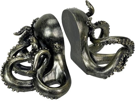 Bronze Octopus Buchstützen 2er Set - Nautische Küste Polyresin Skulpturen für Bücherregale, Büro, Schlafzimmer, Bibliothek - Distressed Painted Finish, Ozean Tier Dekor, Einzigartiges Geschenk
