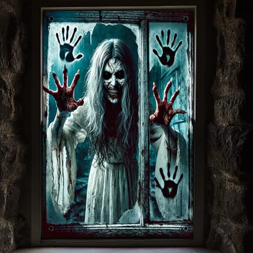 Randomgo Halloween Gruselig Fensterbilder, Halloween Deko Fenster | Horror Fensterdeko, für Innen Outdoor Garten und Feiern Spukhaus Deko Fensterdeko (120 x 80cm)