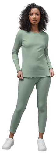 Enorsia Women's Ribbed Loungewear Set – Long Sleeve Picoting T-Shirt & Leggings Co-Ord | Slim Fit Two Piece Outfit | Soft Stretch Cotton Blend | Casual Lounge & Travel Wear in Green, 8