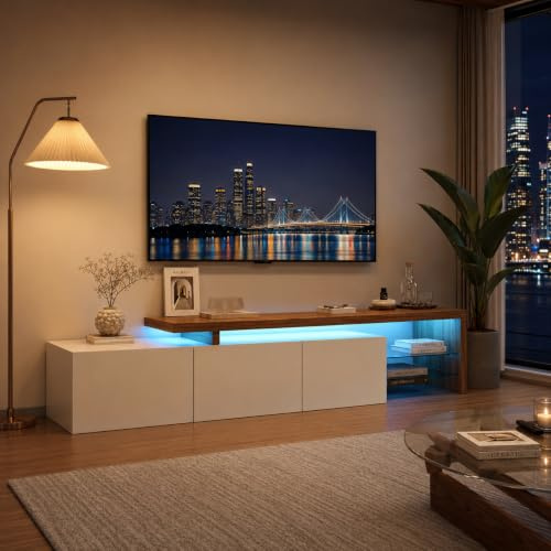 Meuble TV LED 200 cm,Armoire e TéLéVision,Banc TV,Meuble TéLé de Salon,Banc TV Moderne en Bois avec Trois Compartiments de Rangement,Armoire Basse Salle de SéJour IntéRieur,Meuble Salon (Blanc-1)