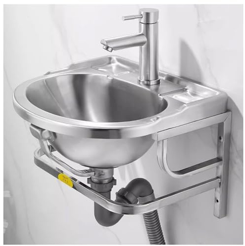Évier en Acier Inoxydable Finition Brossée Fixation Murale Cuve Ronde Commutation Eau Chaude/eau Froide Evier de Cuisine Grande Capacité Porte-savon Intégré Rebord Surélevé