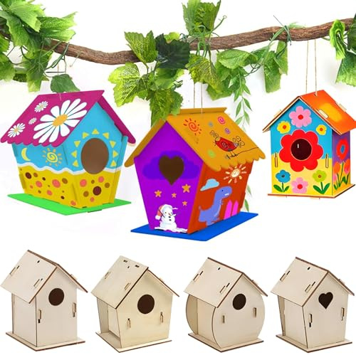 Seamart Vogelhaus Bausatz für Kinder - DIY Set 4 Stück Bastelset für Kinder zu Bauen und Malen, Vogelkasten Basteln Ostern Geschenke für Mädchen Jungen Kleinkinder