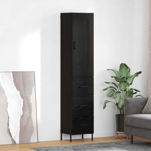 GeenYuu Highboard Schwarz Eichen-Optik 34,5x34x180 cm, Holzwerkstoff, Standregal mit Schublade, Kommode für Esszimmer, Wohnzimmer