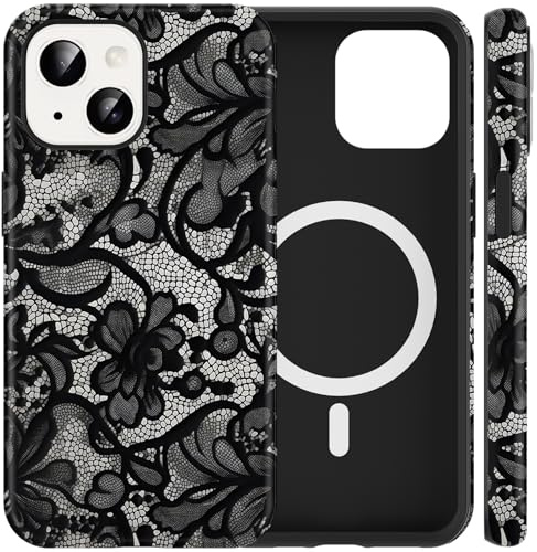 Yoedge Magnetisch Handyhülle für iPhone 14/iPhone 13 Hülle Spitze Muster | Aesthetic Schwarz Blumen Lace Design Case für Mädchen, Kompatibel mit MagSafe, Dünn Silikon Kratzfest Schutzhülle Cover, 01