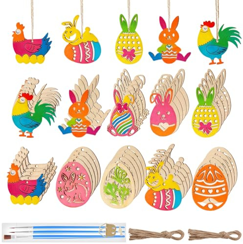 PIujsym 60 Stück Oster Bastelset Kinder, Ostern Basteln, mit Ostereier Hasen Huhn Blume, Aufhängen Holz Osterdeko DIY für Frühling Ostern Geschenk, Osterbasteln mit Kindern