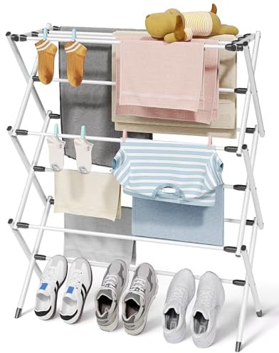 Sakugi 3 Tier Wäscheständer, klappbarer Turm mit rutschfesten Füßen, platzsparender Wäschetrockner für Kleidung, Innen & Außen, 73,5 x 29 x 95 cm, Weiß