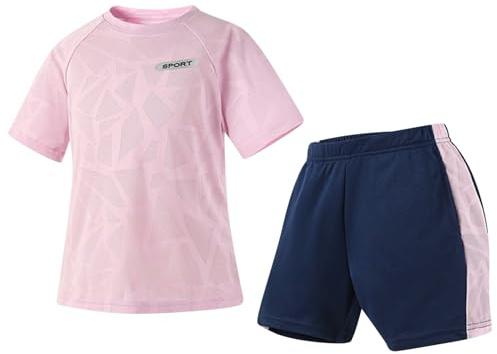 Amur Leopard Survêtement Fille Ensemble Jogging Enfant Garçon Set 2pcs d'Été T-shirt à Manches Courtes + Shorts pour Sport Extérieur, Rose + Bleu Foncé, 9Y/150(9-10 Ans)