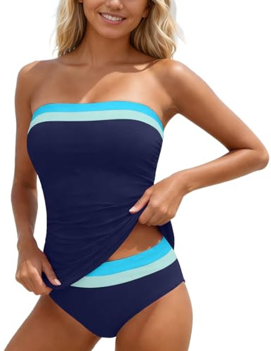 Generico Costume da Bagno Donna Tankini Top a Balconcino Slip Brasiliano Ferretto Stampato Geometria Rosa Mare