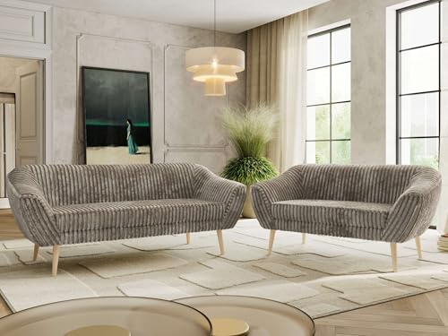 MKS MEBLE Sofagarnitur PIRS 3 + 2 - Couchgarnitur im skandinavischen Design, Gesteppte Polsterung, Wellenfederung, Wohnzimmer Sofa Set - Buche Beine, Hellbraun Cord