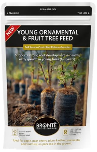 Bronte Heritage Young Fruit Tree Fertiliser, Controlled Release Fertiliser Granules for Ornamental Tree, Apple, Pear, Cherry, Plum, Full Season Slow Release Establishment Feed, 120g