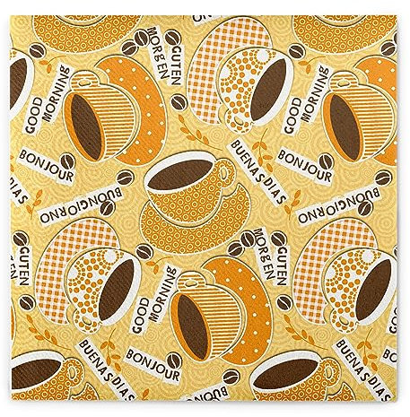 Sovie HOME Serviette KAFFEE OLÈ in Gelb-Orange aus Linclass Airlaid, 40 x 40cm, 1/4 Falz, 12 Stück, Kaffeetassen Design Begrüßungen Mehrsprachig Tischdeko