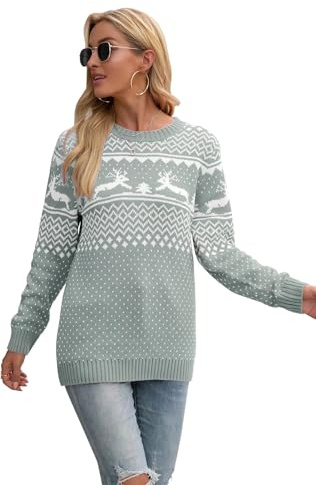 Hiistandd Damen Weihnachtspullover Winter Langarm Rundhals Pullover Gestrickte Jumper Sweatshirt
