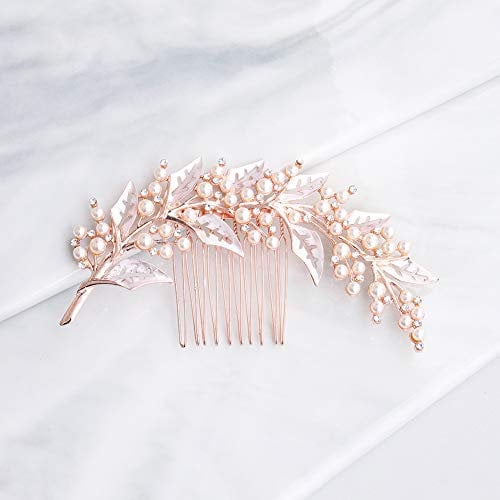 Kercisbeauty Pearl Hair Comb for Brides Wedding Bridal Headpiece Handmade Hair Piece for Women Girls Prom Hair Accessories (Rose Gold)