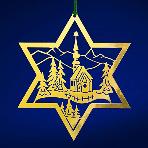 SIKORA BS-MS Traditionelle Christbaumschmuck Weihnachtsbaum Anhänger aus Messing - 28 Modelle wählbar, BS-MS:No.05 Stern Dorfkirche H ca 8.5 cm