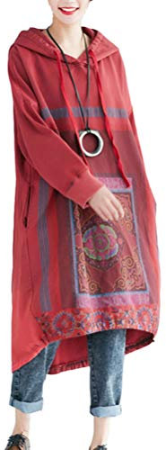 FTCayanz Donna Hoodie Vestito Felpe Oversize Lungo Abito Elegante con Cappuccio 1-Rosso