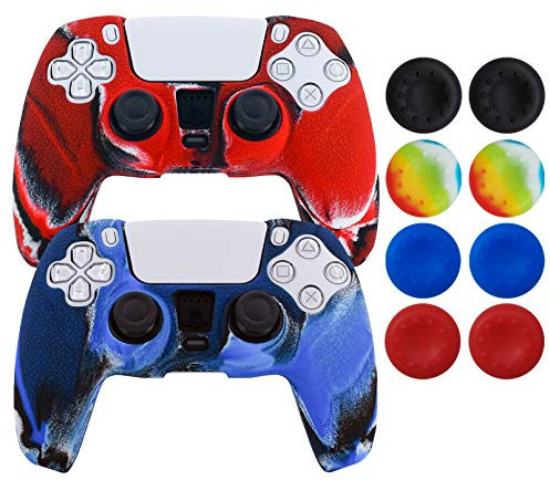 Hikfly Skin for PS5 Controller Silicone Cover for Sony PlayStation5 Controller Grip Skin Protector Faceplates Kits Video Games(2x Cover with 8 x Thumb Grips Caps)(CamoRed,CamoBlue)