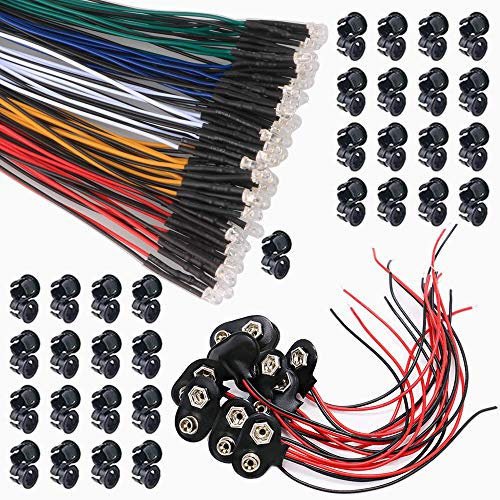 GTIWUNG 50Pcs Vorverdrahtete LED, Dioden Licht, 12V vorverdrahtetes Licht, 3mm LEDs mit 20cm Kabel(5 Farben, Jeder 10PCS)+ 50Pcs 3mm LED Montageringe Plastik+10Pcs 15cm 9V T-Typ Batterie Clip