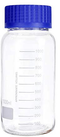 Moonetto Pyrex 1000 mL Wide Mouth Graduated Round Media/Storage Lab Glass Bottle With GL80 Blue Polypropylene Screw Cap (3 Pack)