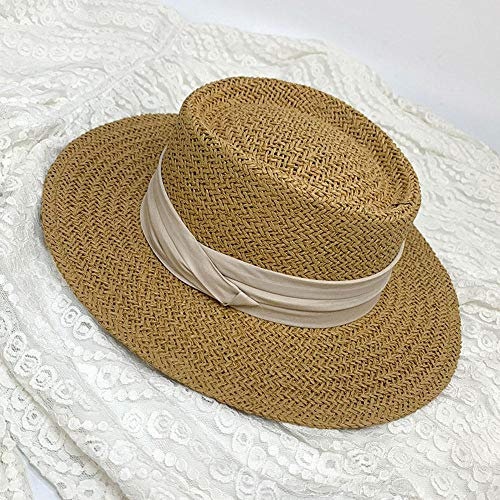 Sonnenhut Strohhut Hut Damen Mode Einfache Damen Breite Krempe Strohhut Damen Band Sonnenhut Panama Strand Hut-Kaffee_Mit_Beige