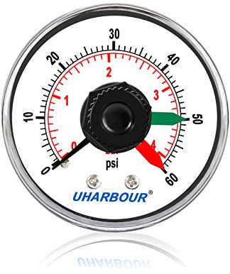 Pool Filter Pressure Gauge, Uharbour Pool Pump Pressure Gauge with Setable Pointers Replacement for Select Filters, 1/4NPT Back Amount 2 Dial Pool Pressure Gauge 0-60psi/4bar.