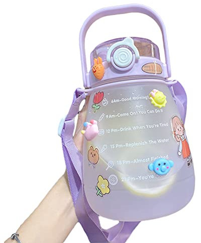 Glitz Big Belly Bottle Kawaii Bottiglia d'acqua con cannuccia e cinghia, Brocca d'acqua con indicatore del tempo, 1300 ml, portatile grande capacità