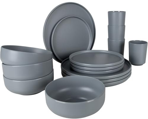 Bo-Camp Melamin Campinggeschirr Set Patom Reise Essgeschirr Teller Becher 16tlg Grau