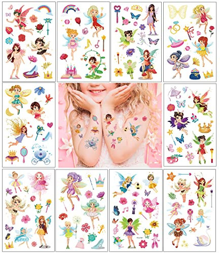 Tattoo 10 Blätter, Fee Temporäre Tattoo Set, Wasserdichte Kindertattoos Stickers für Mädchen Geburtstag Mitgebsel, Feen Prinzessin Party Dekor Geschenk