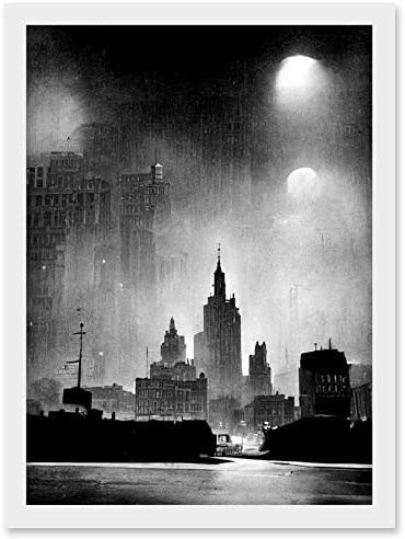 Doppelganger33 LTD 1950s Black And White New York Rainy Mist Cityscape Artwork Framed Wall Art Print A4