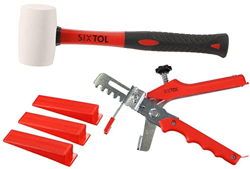 SIXTOL LEVEL SYSTEM STARTER 1 Praktisches Werkzeugset zum Nivellieren von Fliesen, bestehend aus 100 x Nivellierkeilen, Zange, Gummihammer