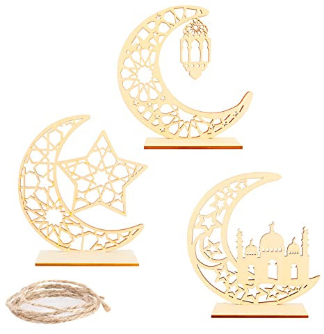 3PCS Ramadan Kareem Holz Dekorationen, Eid Holz Nachtlichter Dekoation, Mond Stern Windlicht Hängende Ornamente Tischdekoration für Muslim Islam Eid Mubarak Heim Party Deko DIY Geschenk