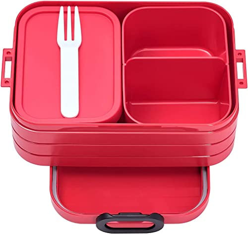 Mepal Brotdose Midi - Brotdose mit Bento Box - Für 2 Sandwiches oder 4 Brotscheiben - Lunchbox für kleine Snacks & Reste - Brotdose Erwachsene - Essenbox mit Fächern - Nordic Red