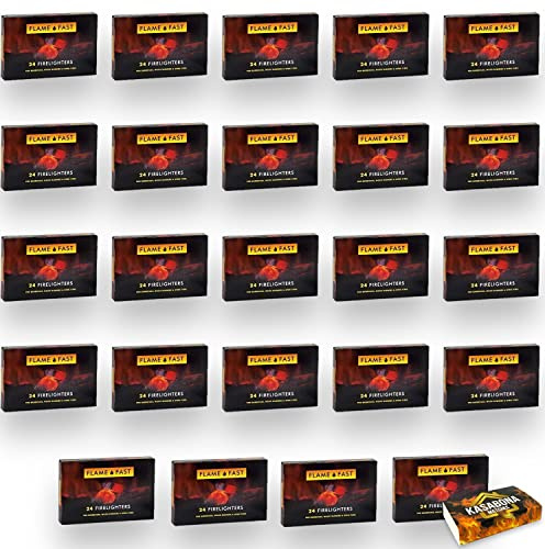 Flamefast Firelighters Bulk Pack - Fire Starter Blocks, Hotspot Burners for BBQ, Open Fire With KasaBona Safety Matches - 24 Firelighters (576 Count)