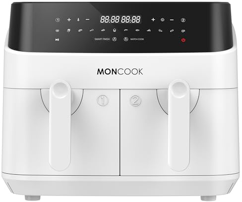 MONCOOK Double Air Fryer - 2 In 1 Airfryer 9L With 2 x 4.5L Baskets - 50 Recipe Cookbook - Smart Finish Function - Digital LED Display Airfryer - 12 Pre-Set Cooking Programs - Healthy Oil-free Fryer