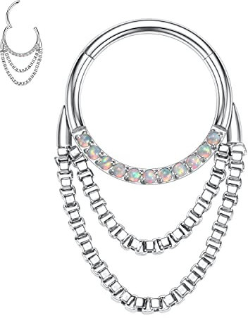 16G Septum Schmuck Silber Septun Ringe Daith Ohrringe chirurgischer Stahl Septum Clicker Ring Kette Nasenring Rook Ohrringe nahtloses Conch Piercing Tragus Knorpel Helix Creolen mit Opal 8 mm