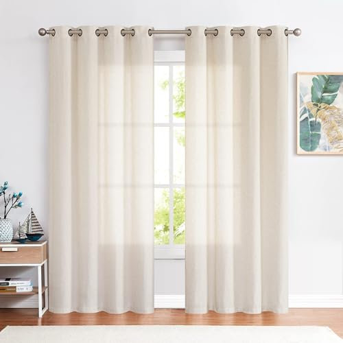 TOPICK Gardinen mit Ösen, Vorhänge Wohnzimmer Leinen Beige Leinenoptik Vorhang halbtransparent Lichtfilterung perfekt für Schlafzimmer Bauernhaus Ösenschal 130x225cm Natur 2er Set