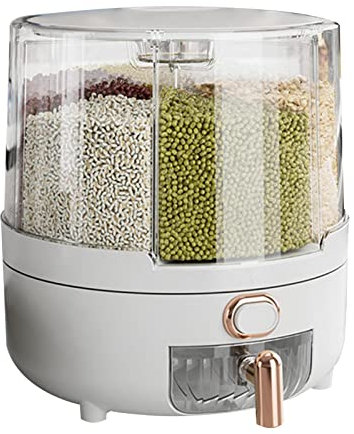 mingchengheng Round Rice Dispenser 360° Rotating 6-Grid Food Bucket Transparent Rice Storage Container Rotatable Dry Food Fruit Cereal Storage Box Tank for Home Kitchen