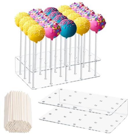 Natuce 2 Stück Cake Pop Halter Ständer, 20 Löcher Lollipop Halter Ständer mit 100 Cake Pop Stiele, Acryl, Cakepopständer für Hochzeit, Geburtstag, Party Deko, Desserttisch