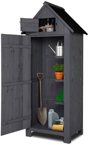 VINGLI Outdoor Wooden Storage Shed, Garden Shed Outside Tool Cabinet with Safety Latch, Patio Storage Organizer (Dark Grey)