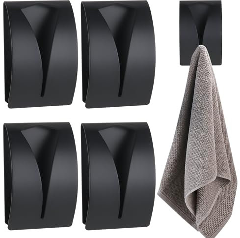 Demarsen 4 Pcs Self Adhesive Towel Holders,Stainless Steel Tea Towel Stick on Hooks,Tea Towel Hook Rack for Bathroom Kitchen,Sticky Wall Hooks for Hand Towel Holder,No Drilling Required (Black)