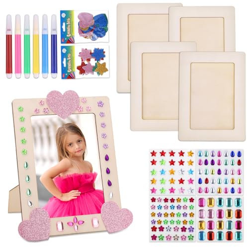 4 Pezzi Kit Cornici Foto Fai da Te in Legno per Bambini, con Adesivi Glitterati e Penne Colorate, Cornice Decorabile per Regali, Cameretta e Ricordi, Portafoto in Cartone e Legno (15x10 cm)