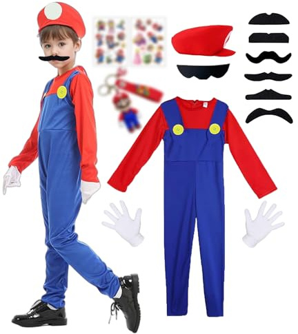 ChouGlow Mario und Luigi Costume,Halloween Costume Adulti Bambino,Costume da Mari Luigi,Costume classico, Costume Cosplay Mari per Halloween Natale Carnevale (Bambino - Rosso, L)