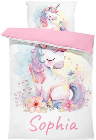 Pictogogo Süßes Einhorn-Design Mädchenbettwäsche, Personalisiert, Wählbare Unterfarbe (Weiß, Rosa, Blau, Grau), Oeko-TEX, 135 x 200 cm
