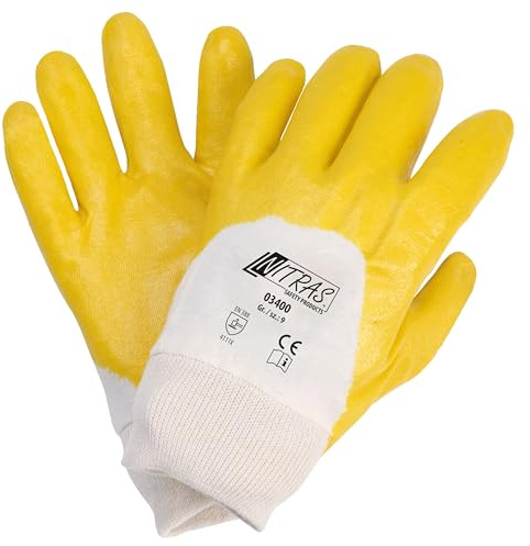 Nitras Nitrilhandschuhe - Baumwoll-Trikot, naturfarben, Nitril-Beschichtung, gelb, 3/4-beschichtet, Strickbund - 12er Pack -Größe 10